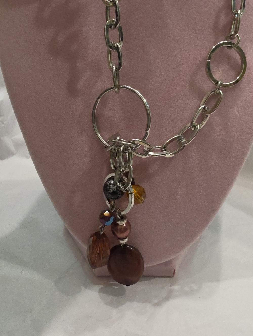 paparazzi Silver-Tone Chain Necklace with Brown and Amber Beads